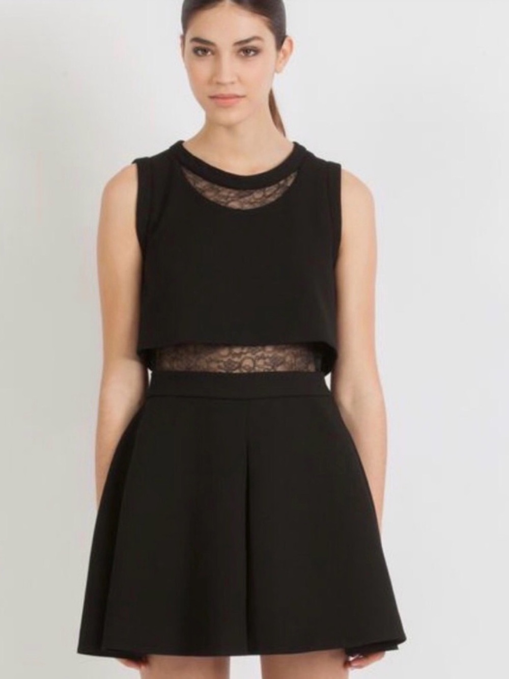 Maje Foleda Black Lace-Inset Crepe Sleeveless Flare Dress / Skater Dress SZ S